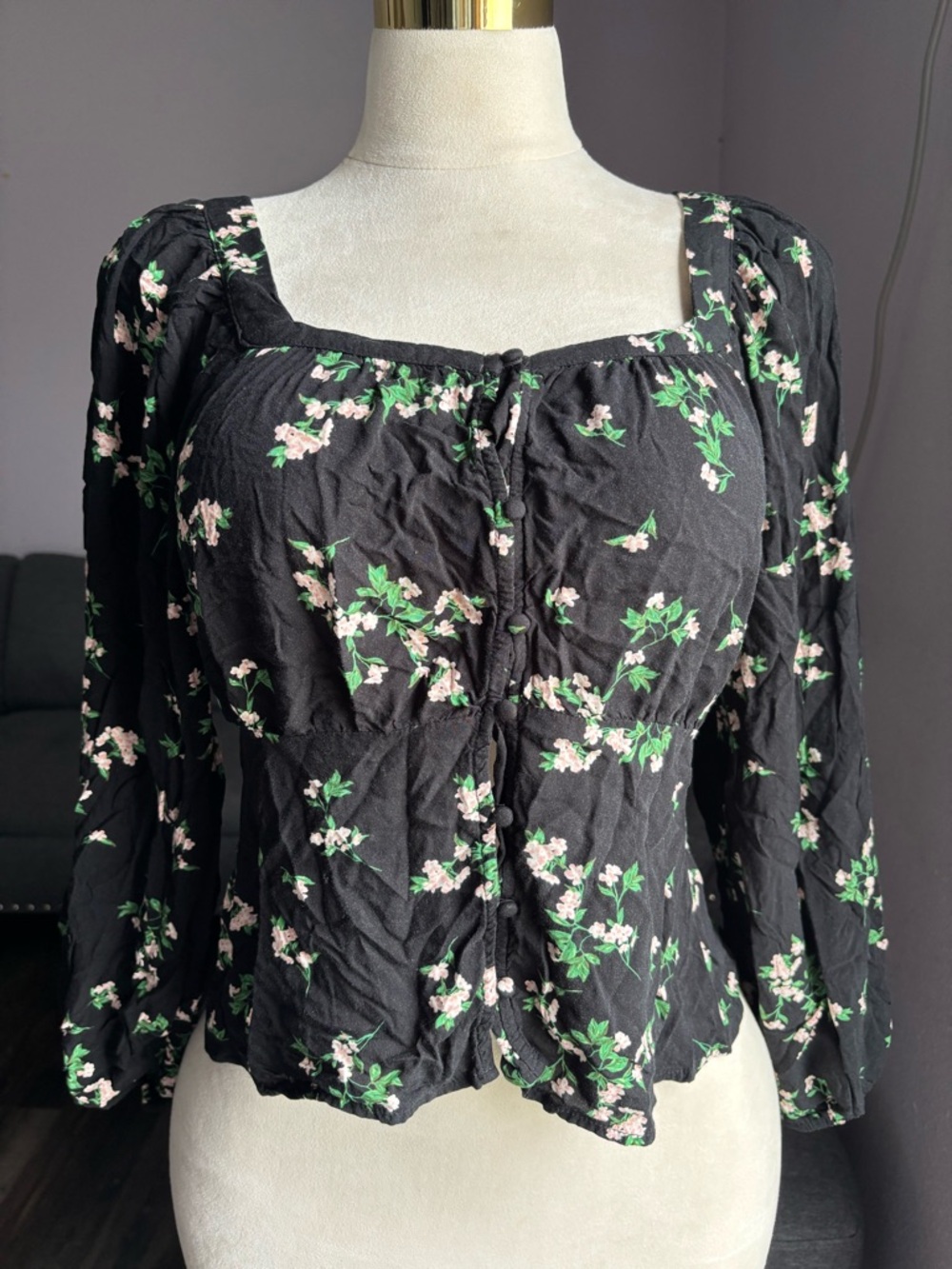 Old Navy Black Floral Square-Neck Button Blouse